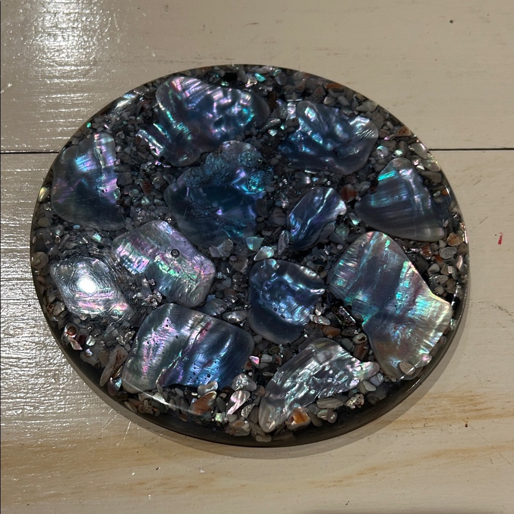 Gorgeous Vintage Iridescent Shell and Stone Trivet